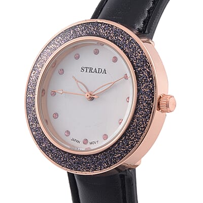 Strada Japanese Movement Pink Austrian Crystal, Black Enameled Watch with Black Faux Leather Strap (6.25-8.0 Inches) (36.32mm)