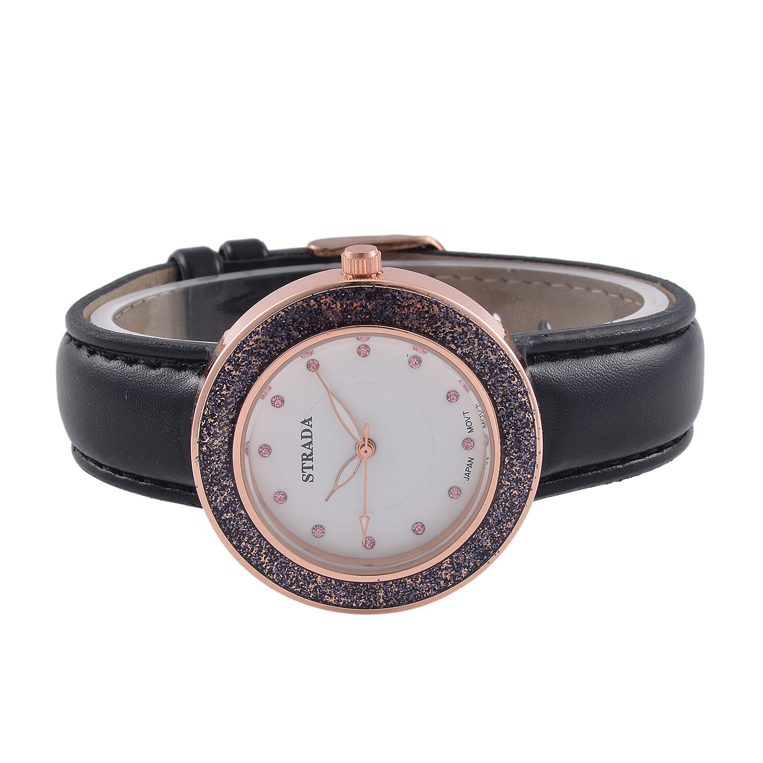 Strada Japanese Movement Pink Austrian Crystal, Black Enameled Watch with Black Faux Leather Strap (6.25-8.0 Inches) (36.32mm)