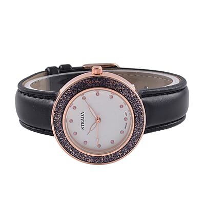 Strada Japanese Movement Pink Austrian Crystal, Black Enameled Watch with Black Faux Leather Strap (6.25-8.0 Inches) (36.32mm)