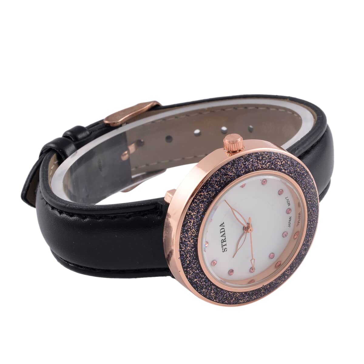 Strada Japanese Movement Pink Austrian Crystal, Black Enameled Watch with Black Faux Leather Strap (6.25-8.0 Inches) (36.32mm) image number 5