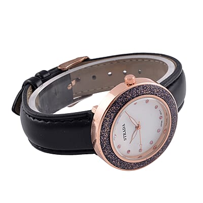 Strada Japanese Movement Pink Austrian Crystal, Black Enameled Watch with Black Faux Leather Strap (6.25-8.0 Inches) (36.32mm)