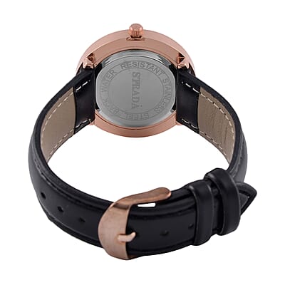 Strada Japanese Movement Pink Austrian Crystal, Black Enameled Watch with Black Faux Leather Strap (6.25-8.0 Inches) (36.32mm)