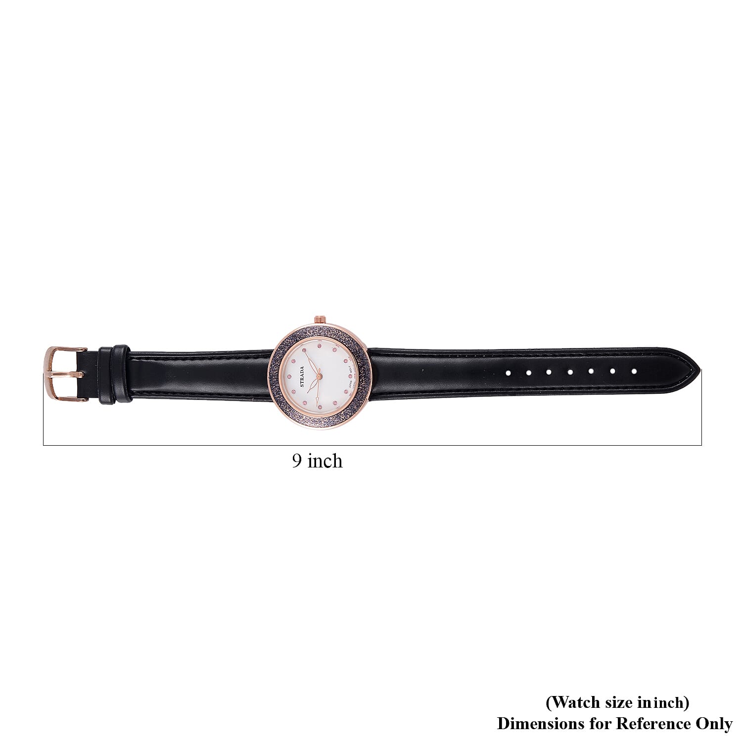 Strada Japanese Movement Pink Austrian Crystal, Black Enameled Watch with Black Faux Leather Strap (6.25-8.0 Inches) (36.32mm)
