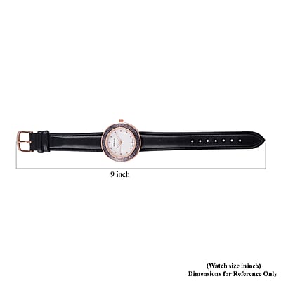 Strada Japanese Movement Pink Austrian Crystal, Black Enameled Watch with Black Faux Leather Strap (6.25-8.0 Inches) (36.32mm)