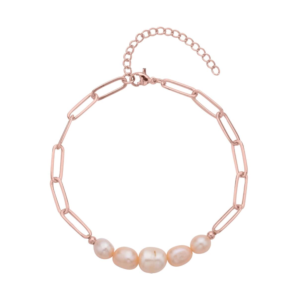 Peach Freshwater Pearl Paper Clip Chain Bracelet in Rosetone (8-10In) image number 0