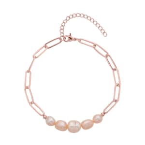 Peach Freshwater Pearl Paper Clip Chain Bracelet in Rosetone (8-10In)