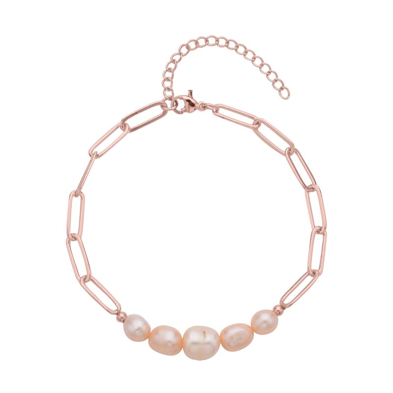 Peach Freshwater Pearl Paper Clip Chain Bracelet in Rosetone (8-10In)