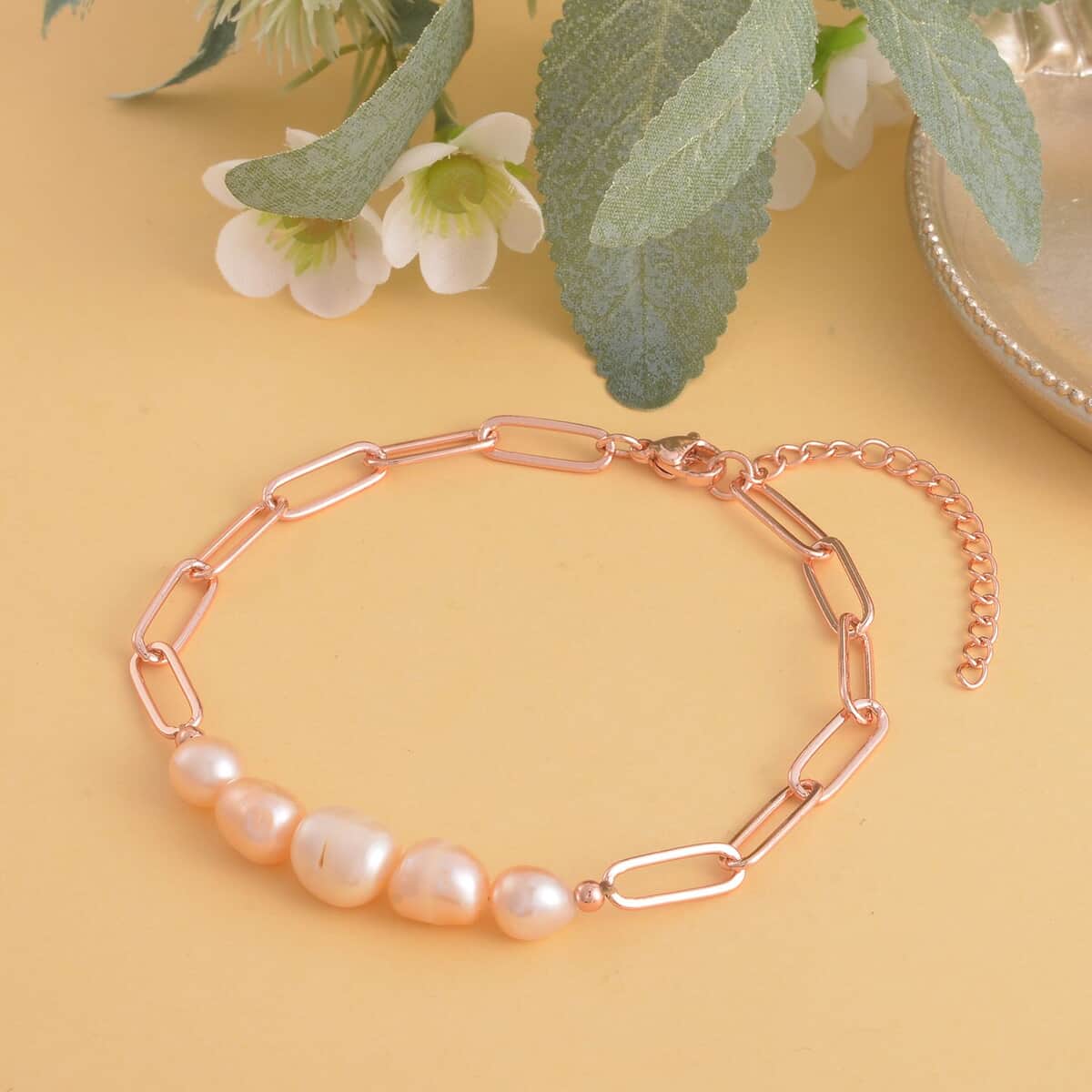 Peach Freshwater Pearl Paper Clip Chain Bracelet in Rosetone (8-10In) image number 1