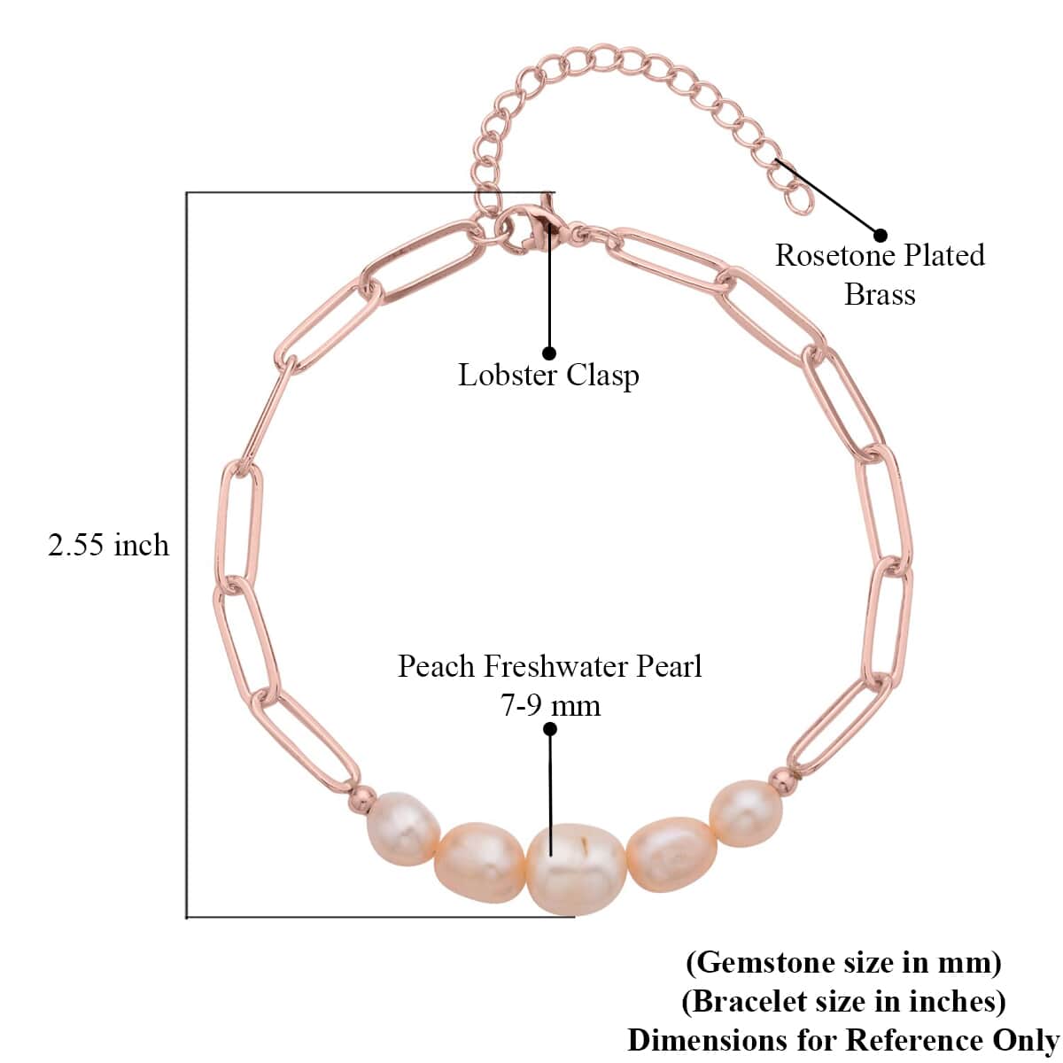 Peach Freshwater Pearl Paper Clip Chain Bracelet in Rosetone (8-10In) image number 3