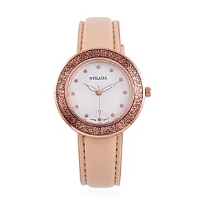 Strada Japanese Movement Pink Austrian Crystal, Champagne Enameled Watch with Light Peach Faux Leather Strap (6.25-8.0 Inches) (36.32mm)