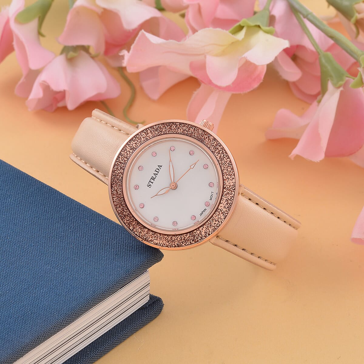 Strada Japanese Movement Pink Austrian Crystal, Champagne Enameled Watch with Light Peach Faux Leather Strap (6.25-8.0 Inches) (36.32mm) image number 1