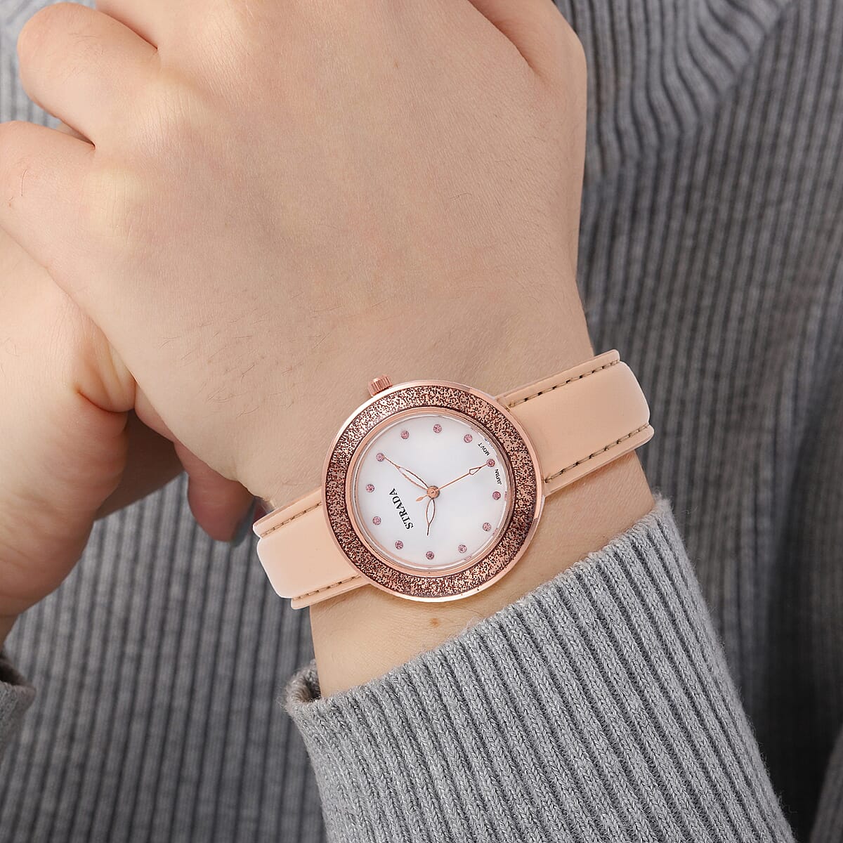 Strada Japanese Movement Pink Austrian Crystal, Champagne Enameled Watch with Light Peach Faux Leather Strap (6.25-8.0 Inches) (36.32mm) image number 2