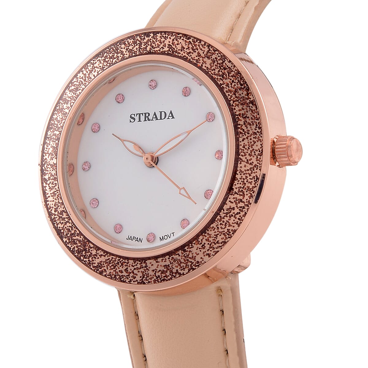 Strada Japanese Movement Pink Austrian Crystal, Champagne Enameled Watch with Light Peach Faux Leather Strap (6.25-8.0 Inches) (36.32mm) image number 3