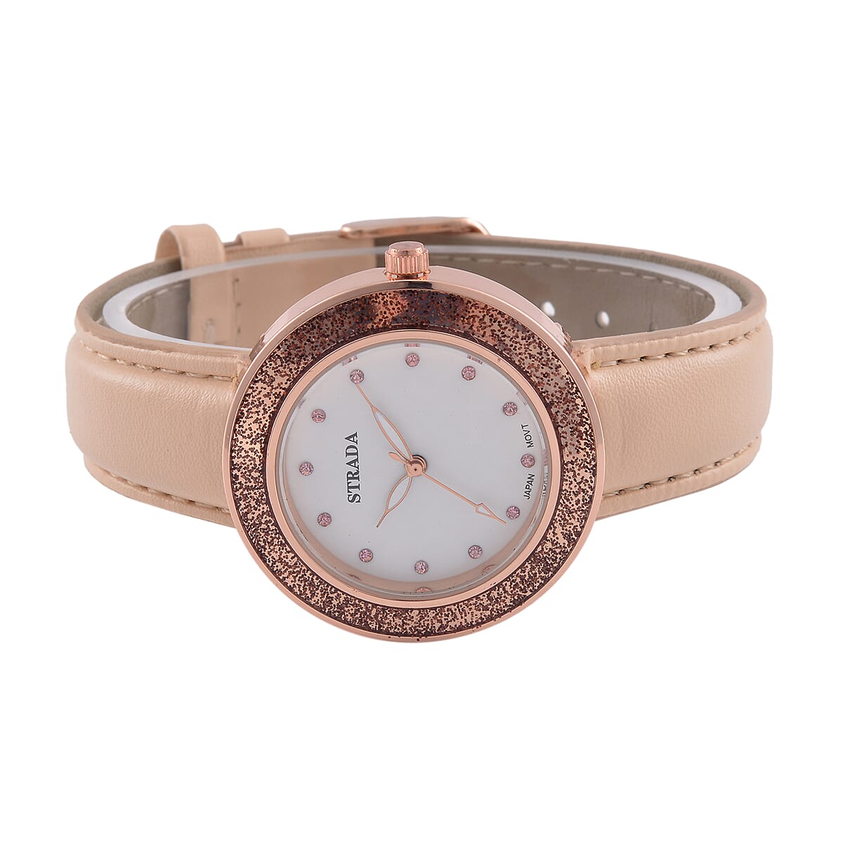 Strada Japanese Movement Pink Austrian Crystal, Champagne Enameled Watch with Light Peach Faux Leather Strap (6.25-8.0 Inches) (36.32mm) image number 4