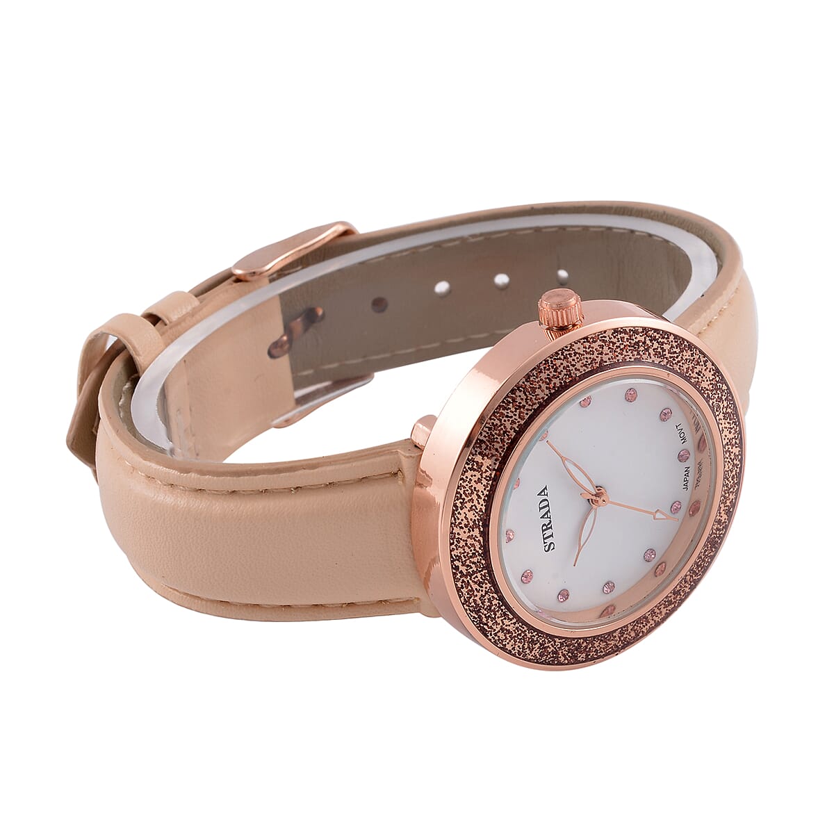Strada Japanese Movement Pink Austrian Crystal, Champagne Enameled Watch with Light Peach Faux Leather Strap (6.25-8.0 Inches) (36.32mm) image number 5