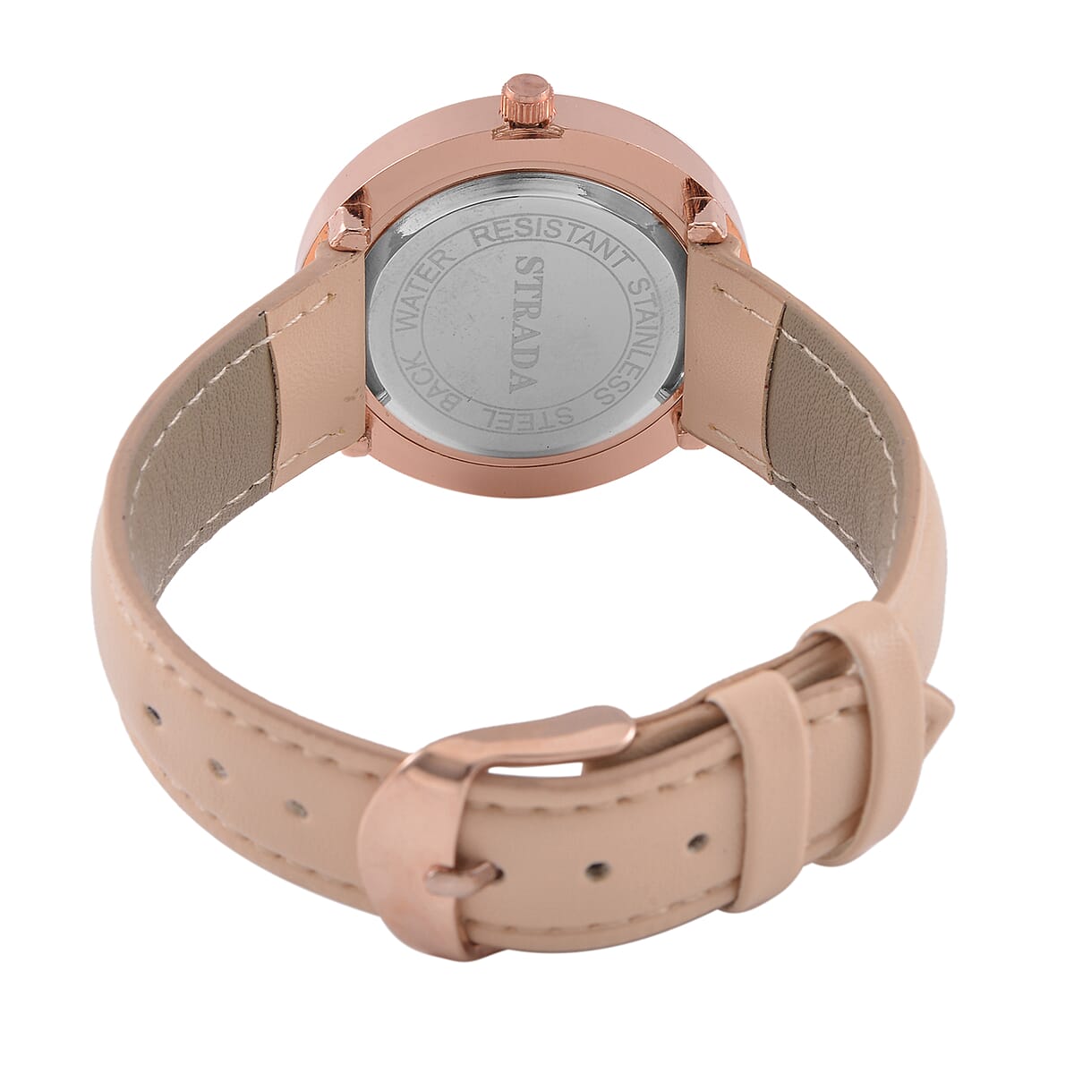 Strada Japanese Movement Pink Austrian Crystal, Champagne Enameled Watch with Light Peach Faux Leather Strap (6.25-8.0 Inches) (36.32mm) image number 6