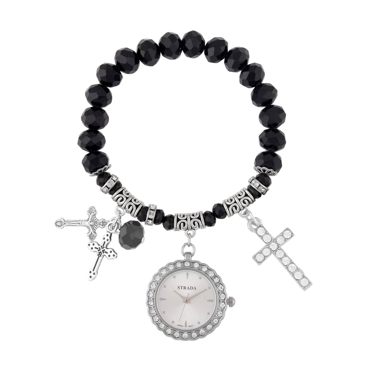 Strada Japanese Movement white Austrian Crystal and Black Glass Beaded Stretch Bracelet Watch in Silvertone with Cross Charm (6.50-7 In) (27.95 mm) image number 0