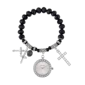 Strada Japanese Movement white Austrian Crystal and Black Glass Beaded Stretch Bracelet Watch in Silvertone with Cross Charm (6.50-7 In) (27.95 mm)