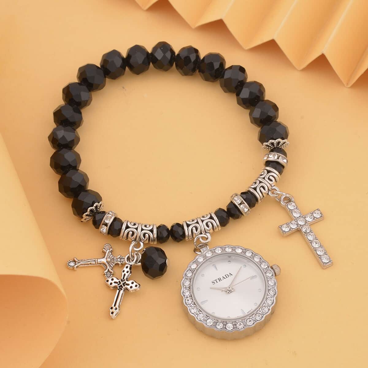 Strada Japanese Movement white Austrian Crystal and Black Glass Beaded Stretch Bracelet Watch in Silvertone with Cross Charm (6.50-7 In) (27.95 mm) image number 1