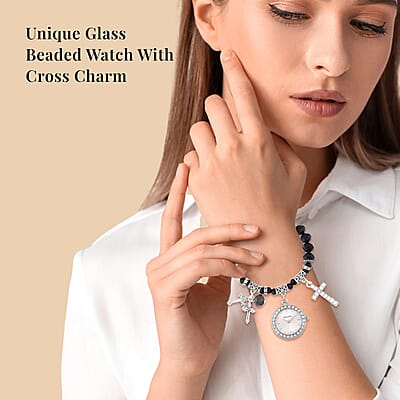 Strada Japanese Movement white Austrian Crystal and Black Glass Beaded Stretch Bracelet Watch in Silvertone with Cross Charm (6.50-7 In) (27.95 mm)