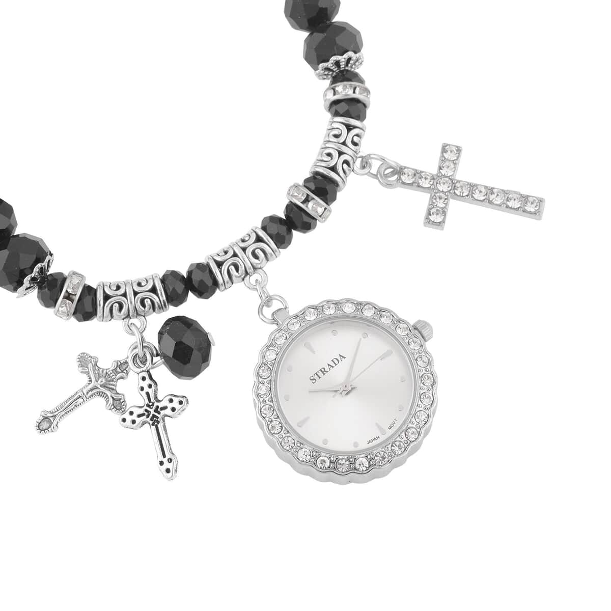 Strada Japanese Movement white Austrian Crystal and Black Glass Beaded Stretch Bracelet Watch in Silvertone with Cross Charm (6.50-7 In) (27.95 mm) image number 2