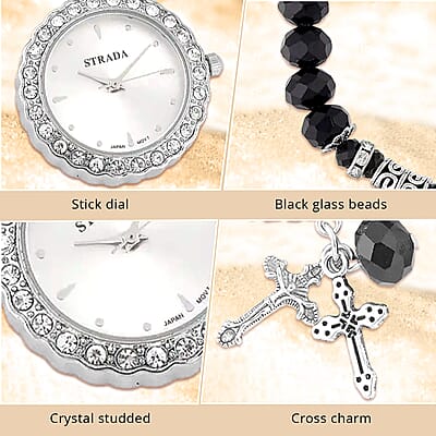 Strada Japanese Movement white Austrian Crystal and Black Glass Beaded Stretch Bracelet Watch in Silvertone with Cross Charm (6.50-7 In) (27.95 mm)