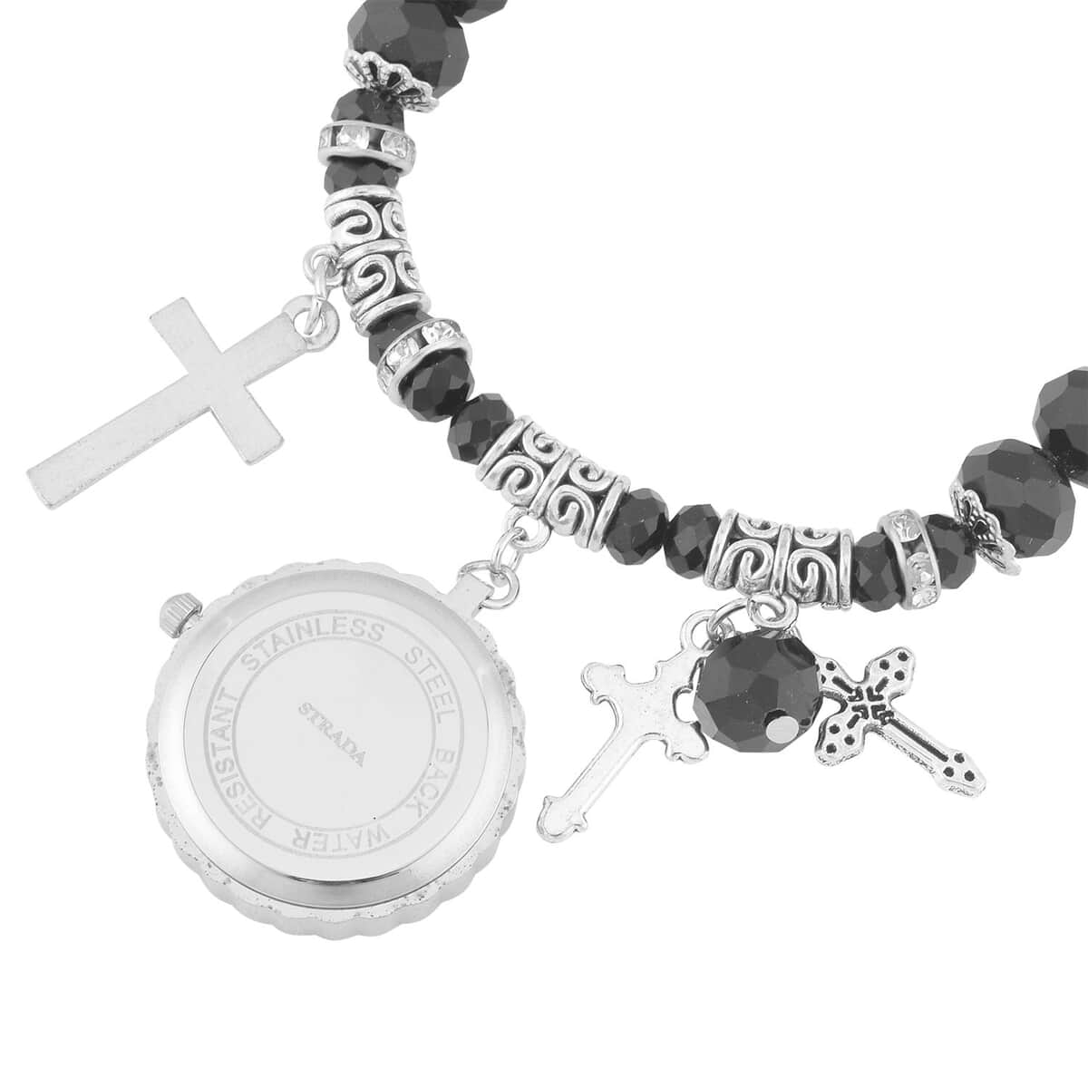 Strada Japanese Movement white Austrian Crystal and Black Glass Beaded Stretch Bracelet Watch in Silvertone with Cross Charm (6.50-7 In) (27.95 mm) image number 3