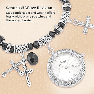 Strada Japanese Movement white Austrian Crystal and Black Glass Beaded Stretch Bracelet Watch in Silvertone with Cross Charm (6.50-7 In) (27.95 mm)