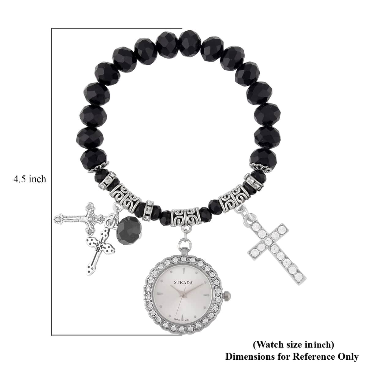 Strada Japanese Movement white Austrian Crystal and Black Glass Beaded Stretch Bracelet Watch in Silvertone with Cross Charm (6.50-7 In) (27.95 mm) image number 4
