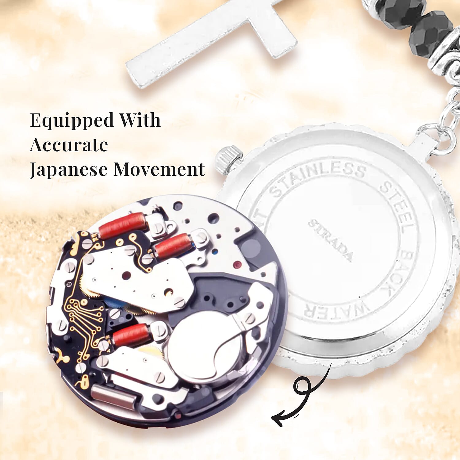Strada Japanese Movement white Austrian Crystal and Black Glass Beaded Stretch Bracelet Watch in Silvertone with Cross Charm (6.50-7 In) (27.95 mm)