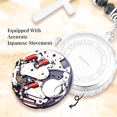 Strada Japanese Movement white Austrian Crystal and Black Glass Beaded Stretch Bracelet Watch in Silvertone with Cross Charm (6.50-7 In) (27.95 mm)