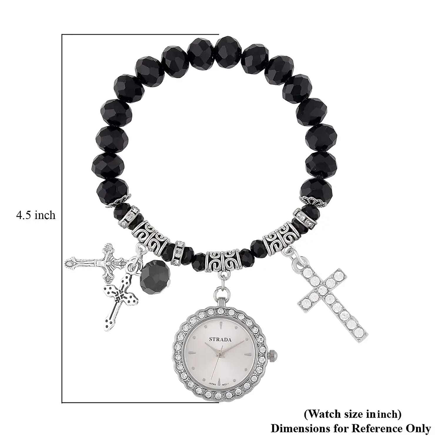 Strada Japanese Movement white Austrian Crystal and Black Glass Beaded Stretch Bracelet Watch in Silvertone with Cross Charm (6.50-7 In) (27.95 mm)