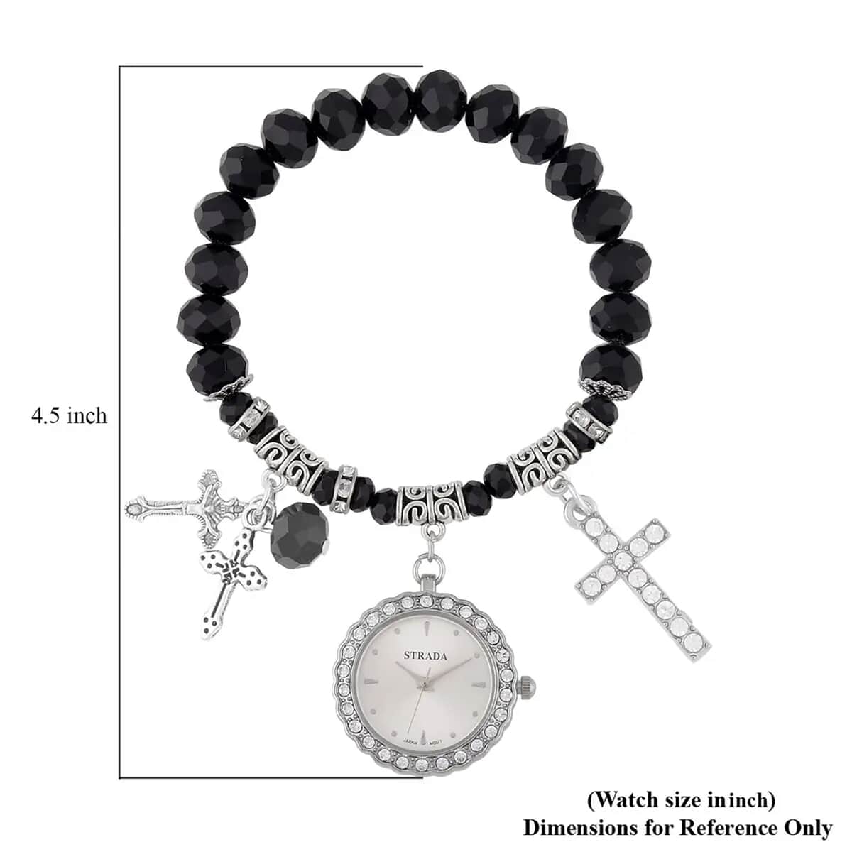 Strada Japanese Movement white Austrian Crystal and Black Glass Beaded Stretch Bracelet Watch in Silvertone with Cross Charm (6.50-7 In) (27.95 mm) image number 6