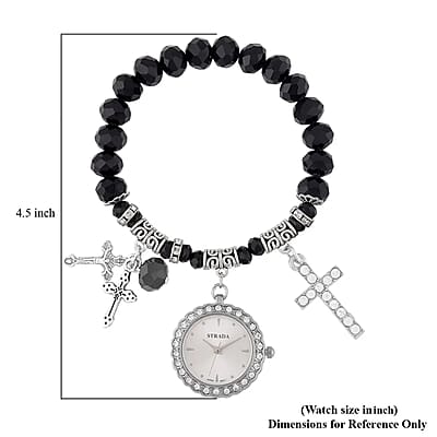 Strada Japanese Movement white Austrian Crystal and Black Glass Beaded Stretch Bracelet Watch in Silvertone with Cross Charm (6.50-7 In) (27.95 mm)