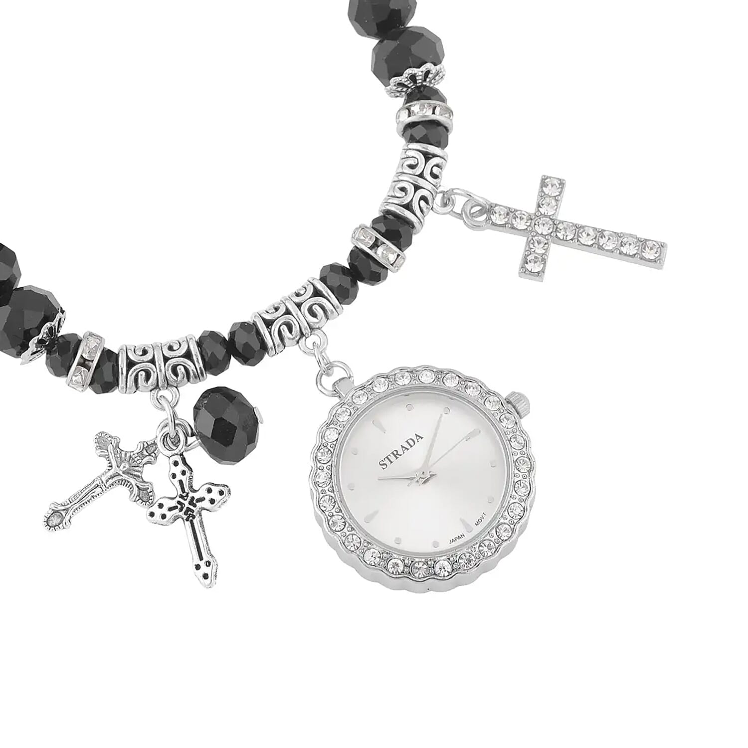 Strada Japanese Movement white Austrian Crystal and Black Glass Beaded Stretch Bracelet Watch in Silvertone with Cross Charm (6.50-7 In) (27.95 mm)