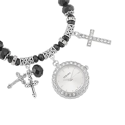 Strada Japanese Movement white Austrian Crystal and Black Glass Beaded Stretch Bracelet Watch in Silvertone with Cross Charm (6.50-7 In) (27.95 mm)