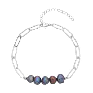 Peacock Freshwater Pearl Paper Clip Chain Bracelet in Silvertone (8-10In)