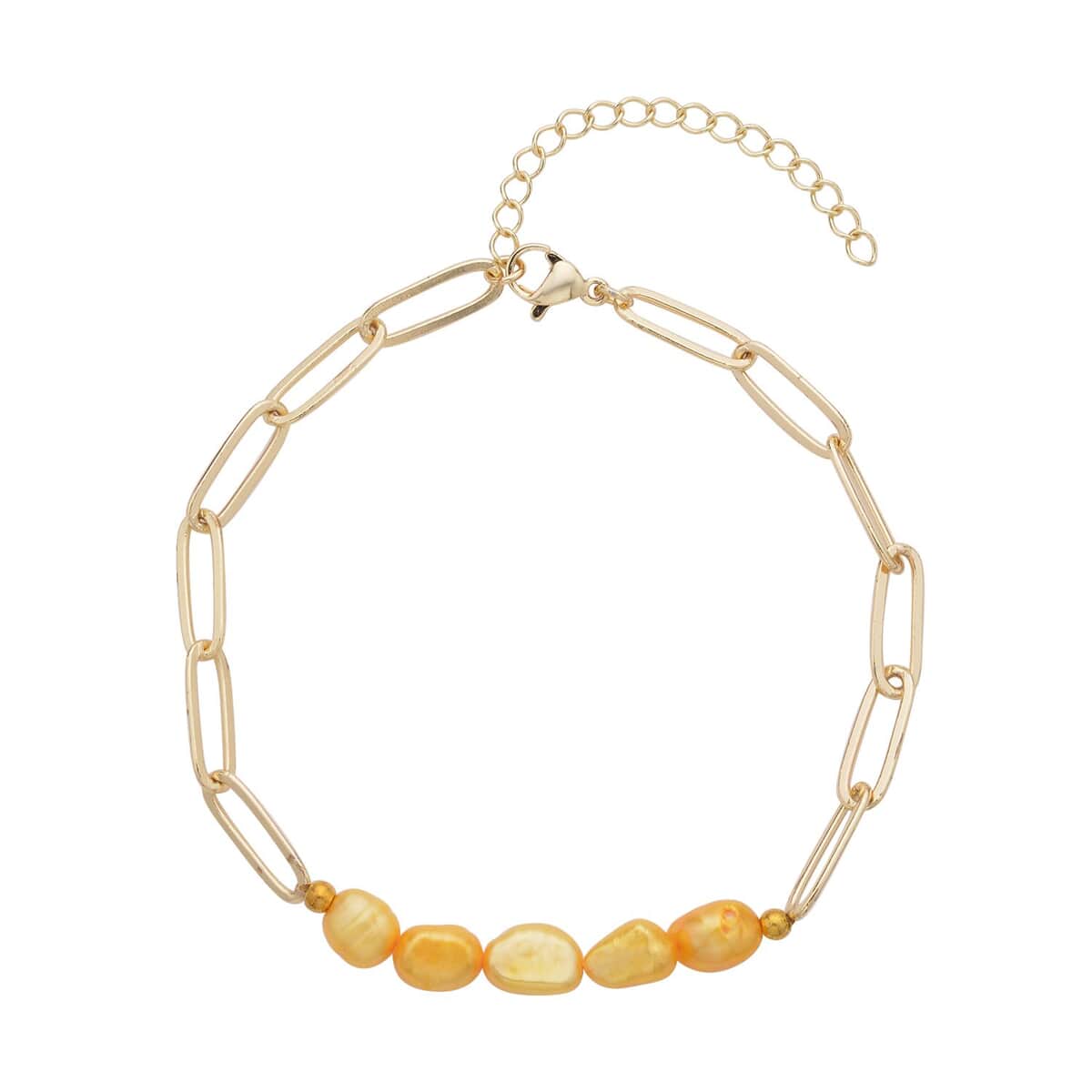 Golden Freshwater Pearl Paper Clip Chain Bracelet in Goldtone (8-10In) image number 0