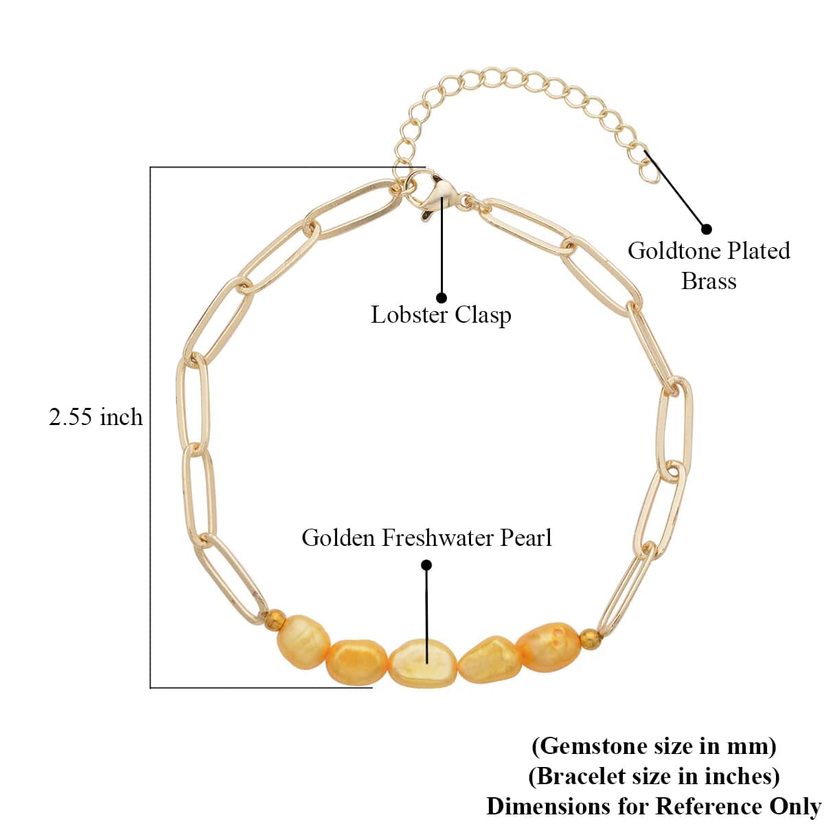 Golden Freshwater Pearl Paper Clip Chain Bracelet in Goldtone (8-10In) image number 3