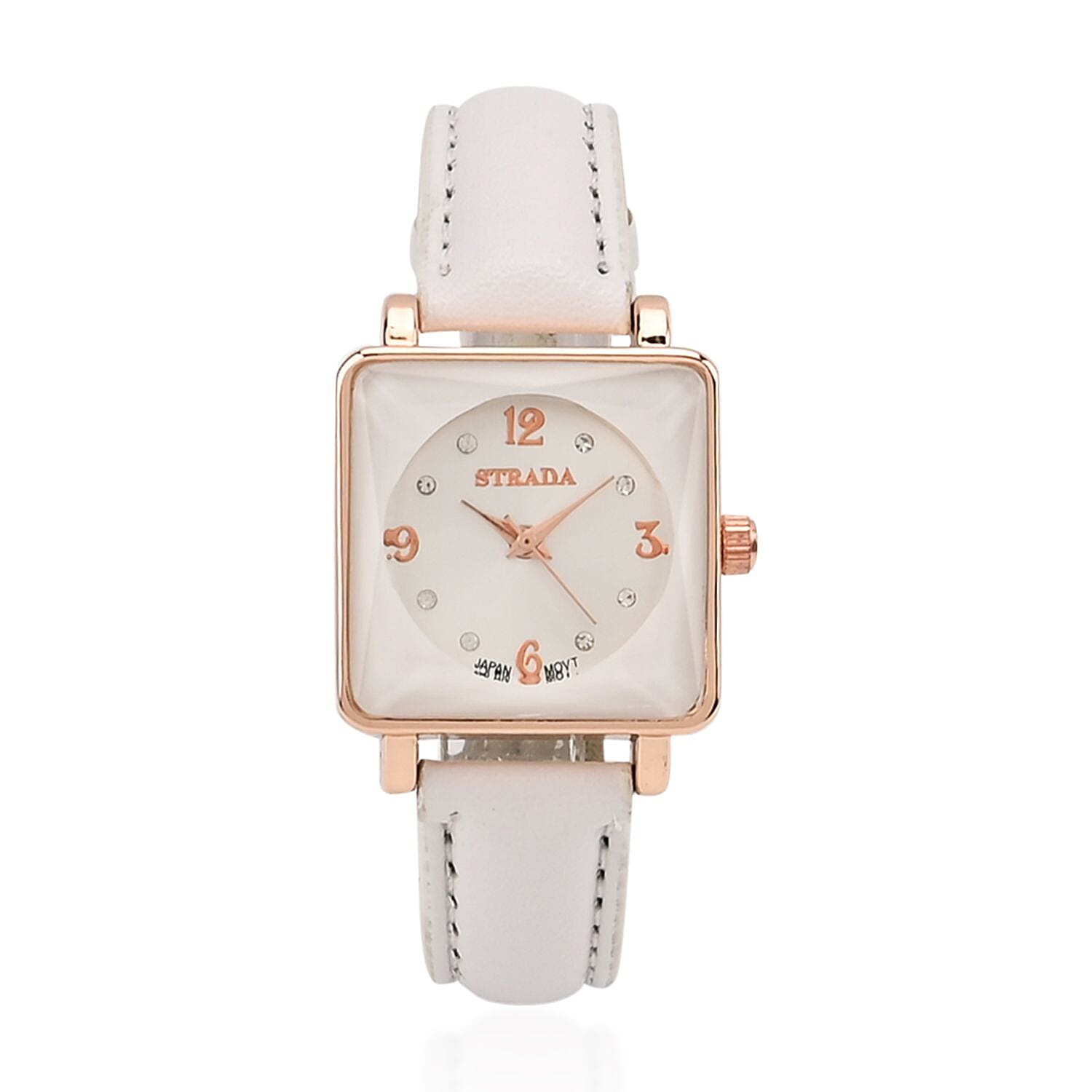 Strada White Austrian Crystal Japanese Movement Watch in Rosetone with White Faux Leather Strap (25.40 mm) (6.75-9.00 Inches)