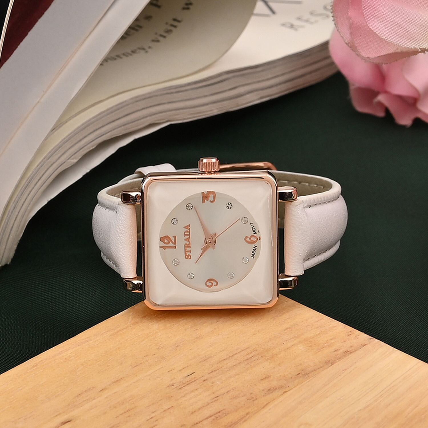 Strada White Austrian Crystal Japanese Movement Watch in Rosetone with White Faux Leather Strap (25.40 mm) (6.75-9.00 Inches)