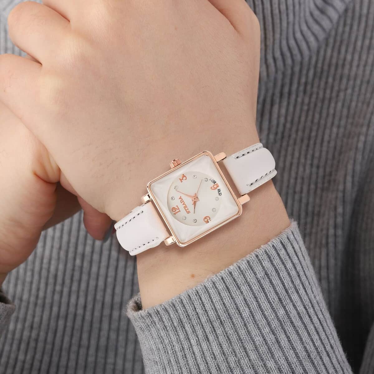 Strada White Austrian Crystal Japanese Movement Watch in Rosetone with White Faux Leather Strap (25.40 mm) (6.75-9.00 Inches) image number 2