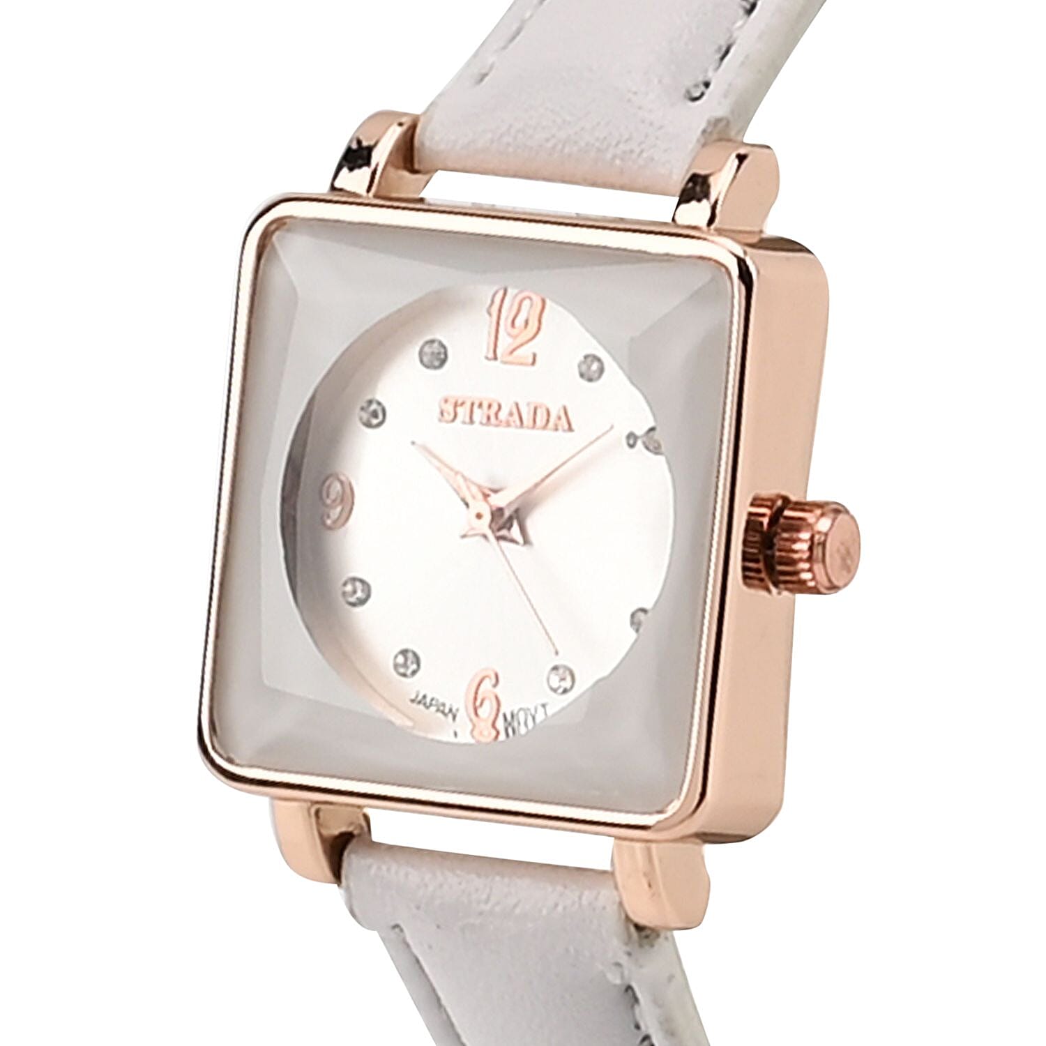 Strada White Austrian Crystal Japanese Movement Watch in Rosetone with White Faux Leather Strap (25.40 mm) (6.75-9.00 Inches)