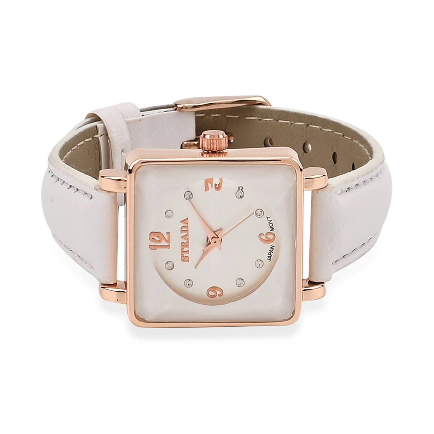 Strada White Austrian Crystal Japanese Movement Watch in Rosetone with White Faux Leather Strap (25.40 mm) (6.75-9.00 Inches)
