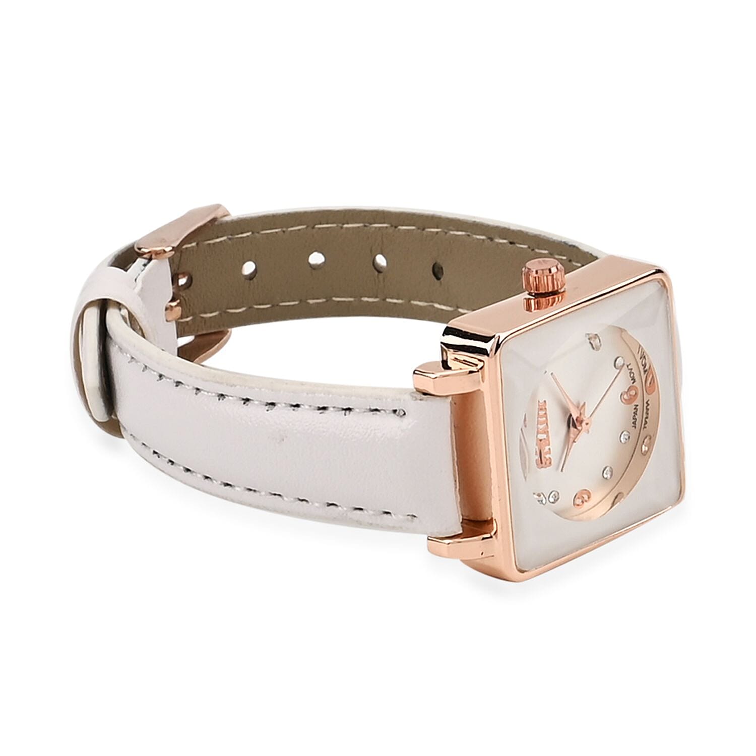 Strada White Austrian Crystal Japanese Movement Watch in Rosetone with White Faux Leather Strap (25.40 mm) (6.75-9.00 Inches)