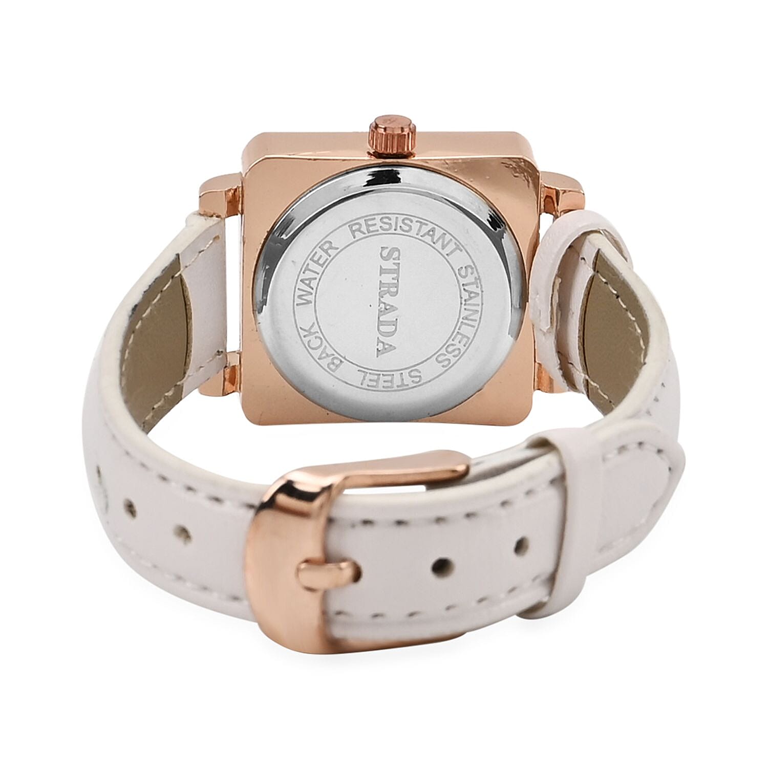 Strada White Austrian Crystal Japanese Movement Watch in Rosetone with White Faux Leather Strap (25.40 mm) (6.75-9.00 Inches)