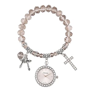 Strada Japanese Movement white Austrian Crystal and Gray Glass Beaded Stretch Bracelet Watch in Silvertone with Cross Charm (6.50-7 In) (27.95 mm)