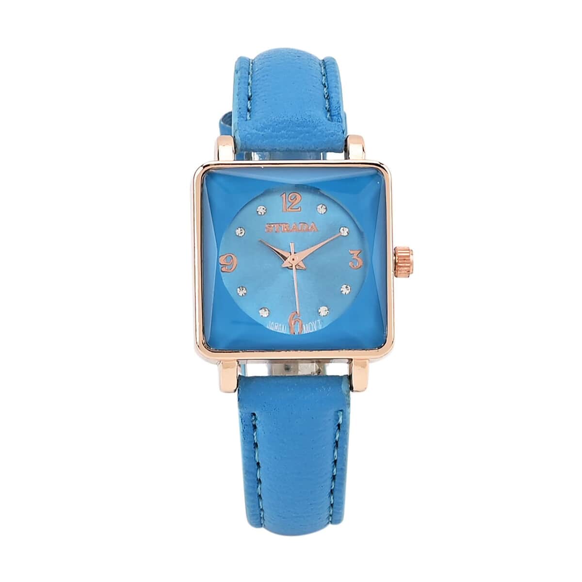 Strada White Austrian Crystal Japanese Movement Watch in Rosetone with Blue Faux Leather Strap (25.40 mm) (6.75-9.00 Inches) image number 0