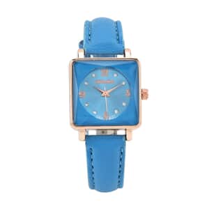 Strada White Austrian Crystal Japanese Movement Watch in Rosetone with Blue Faux Leather Strap (25.40 mm) (6.75-9.00 Inches)