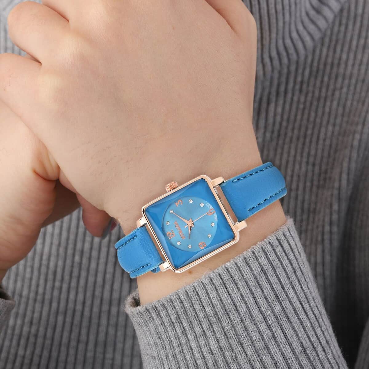 Strada White Austrian Crystal Japanese Movement Watch in Rosetone with Blue Faux Leather Strap (25.40 mm) (6.75-9.00 Inches) image number 2